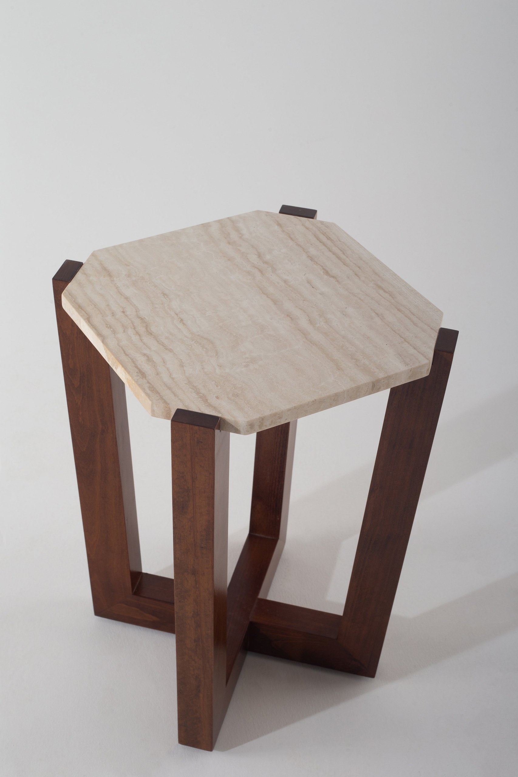 Rivena White Travertine Side Table With Wooden Base - Image 4
