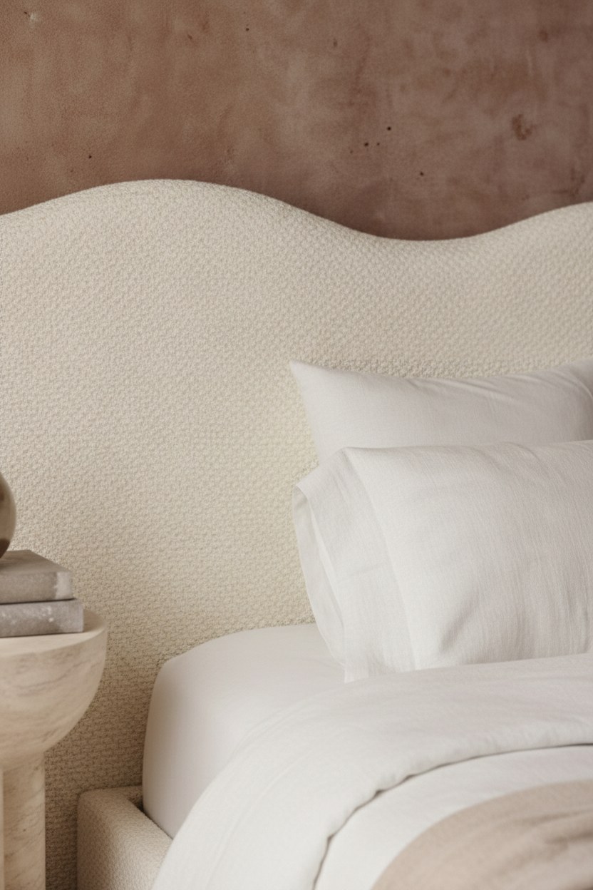 Evania Off White Curved Headboard Upholstered Bed - Image 2