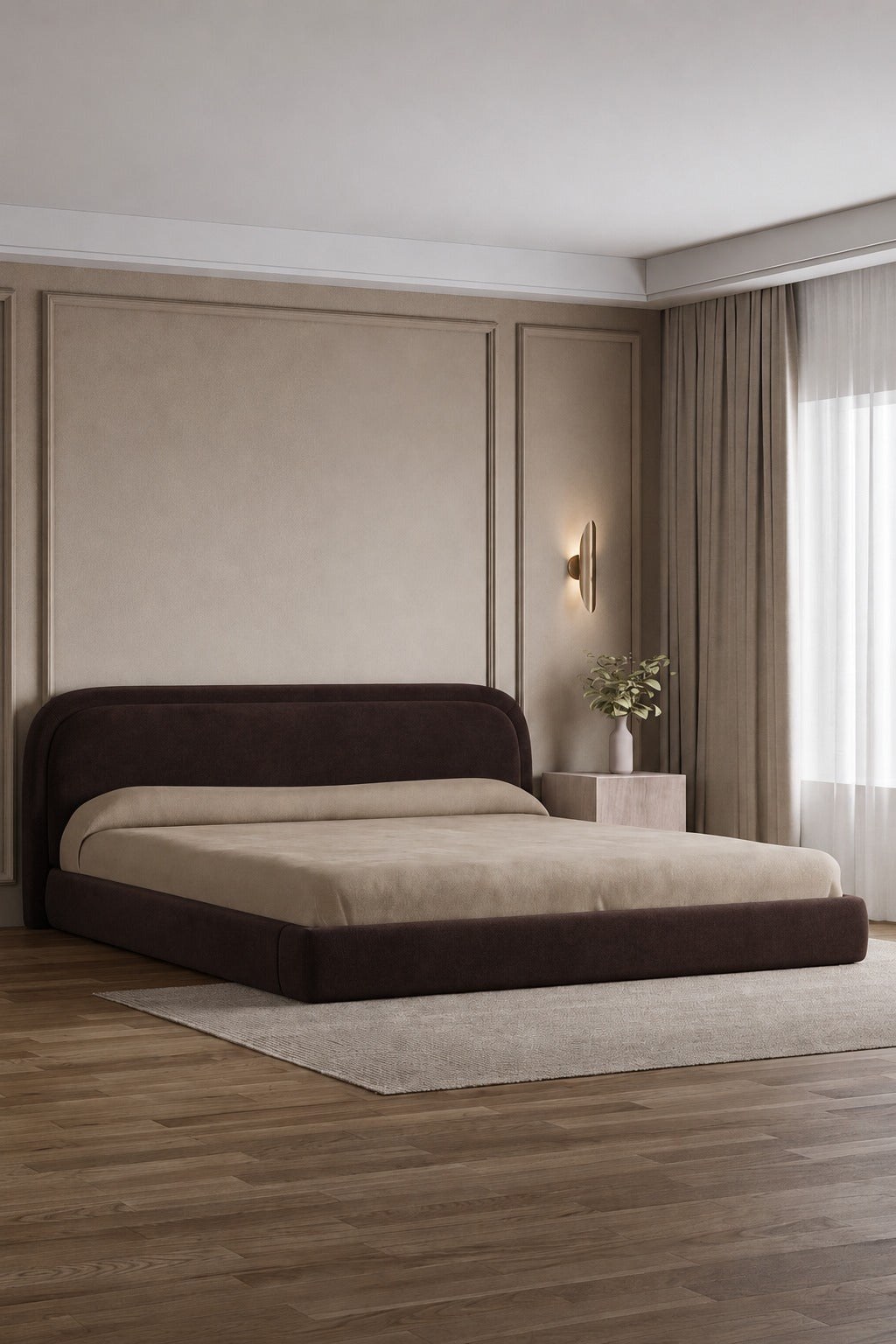 Caelia Dark Brown Upholstered Platform Bed With Curved Headboard