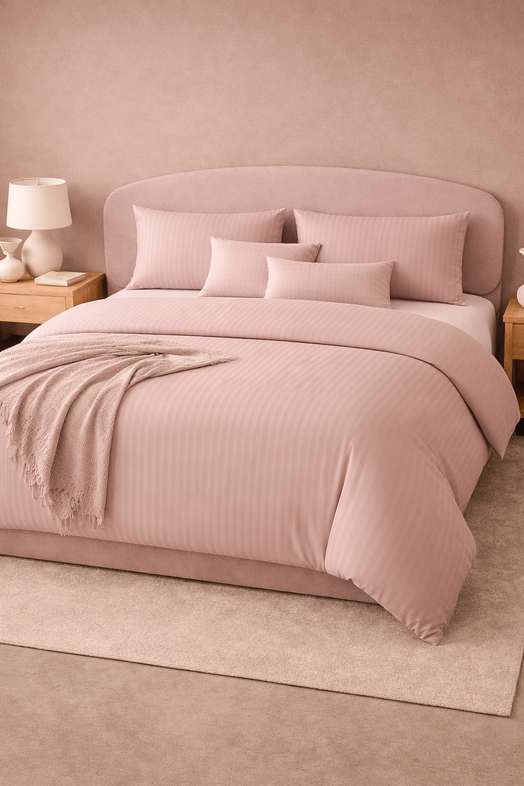 Dusty Mauve Pink Striped Bed Sheet, Duvet Cover & Pillowcase Set - Image 3