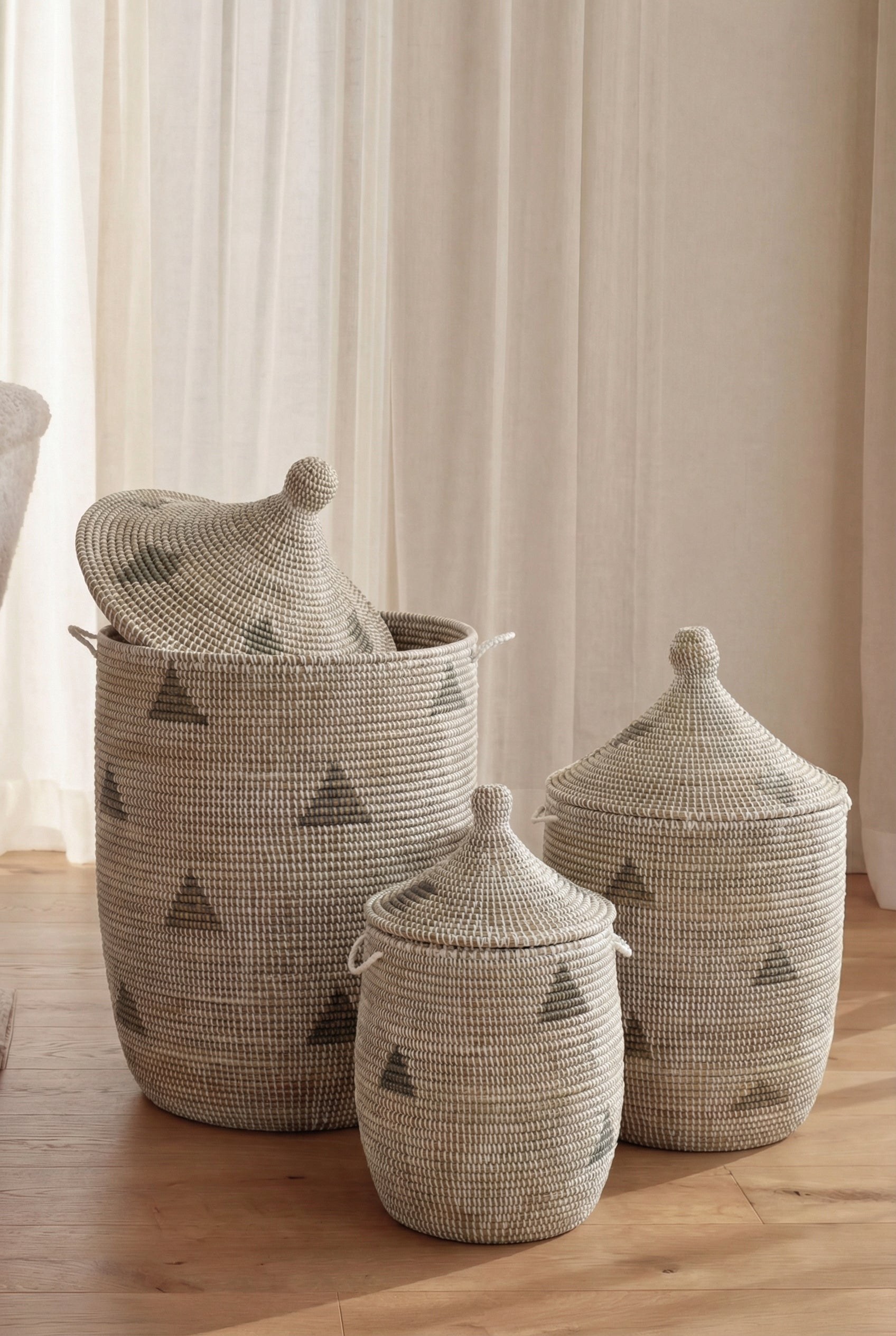 Maisha White & Brown Triangle Patterned Handmade Basket (Set Of 3)