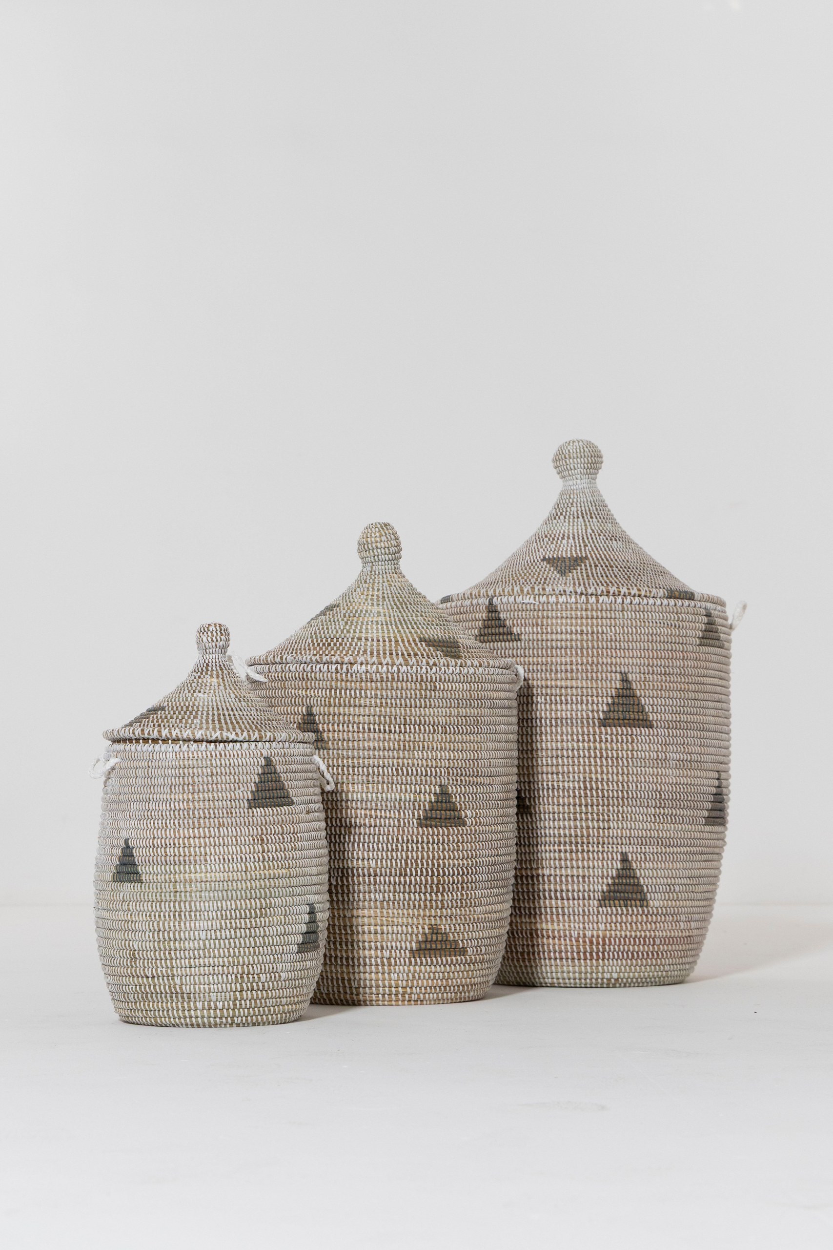 Maisha White & Brown Triangle Patterned Handmade Basket (Set Of 3) - Image 7