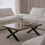 Meadow Railway Glass Top Wooden Coffee Table with X Shape Metal Base
