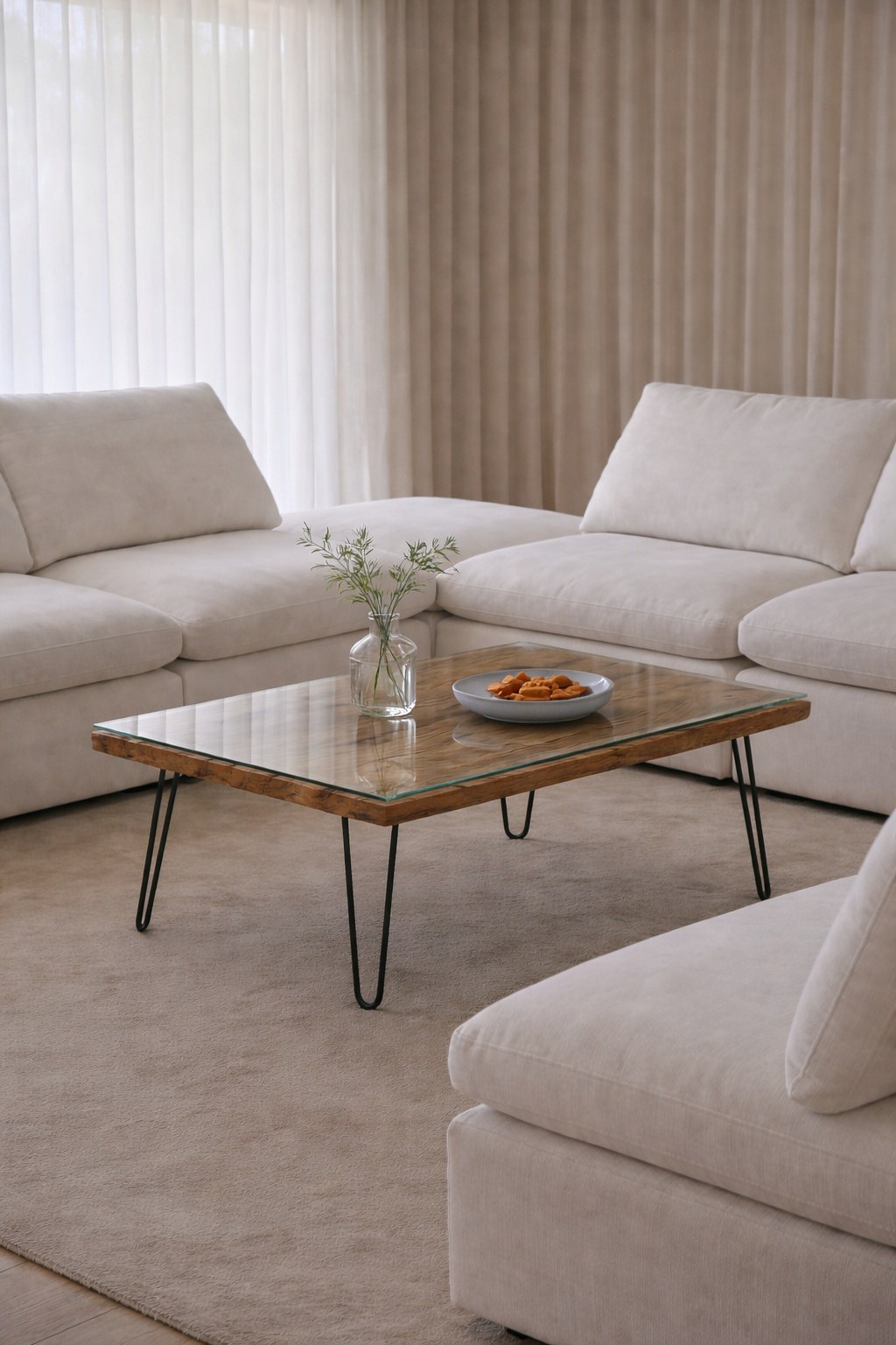 Meadow Railway Glass Top Wooden Coffee Table with Pin Shape Legs - Image 2