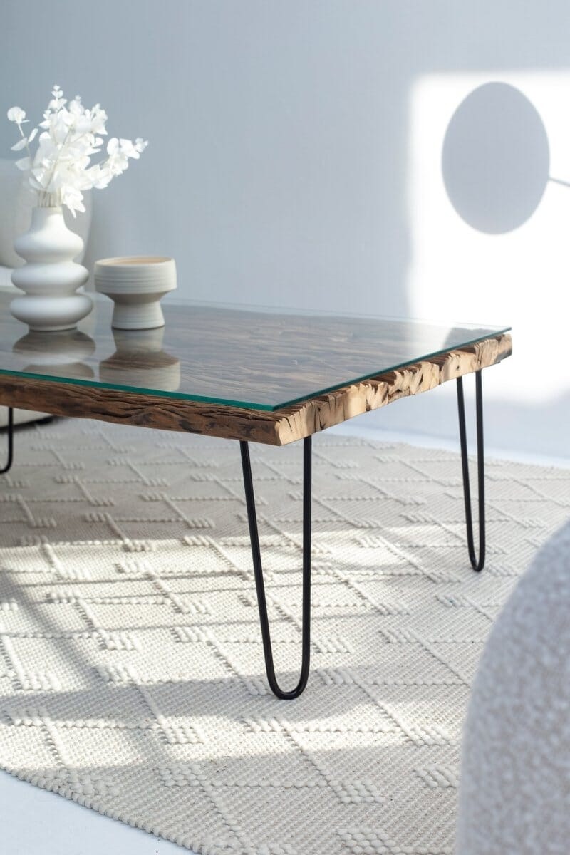Meadow Railway Glass Top Wooden Coffee Table with Pin Shape Legs - Image 3