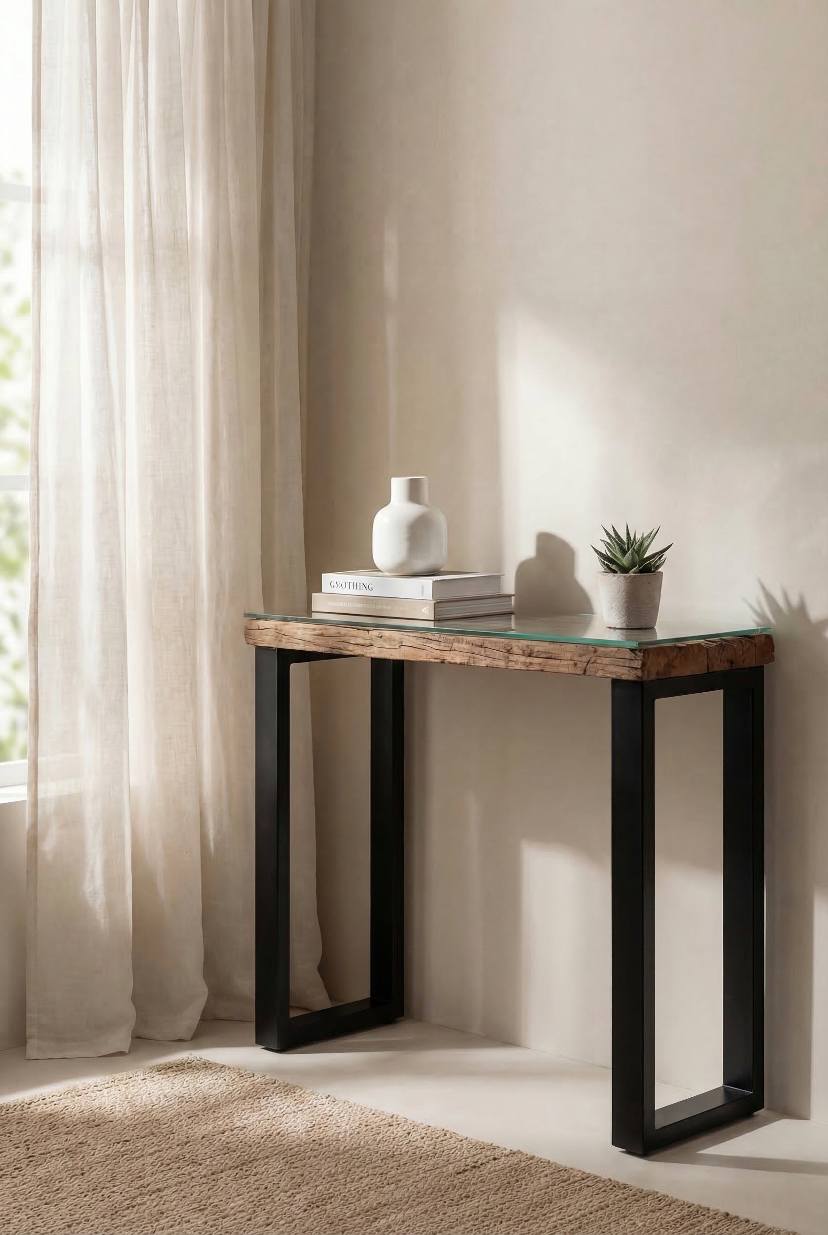 Renato Railway Wood Glass Top Console Table With U Shape Legs