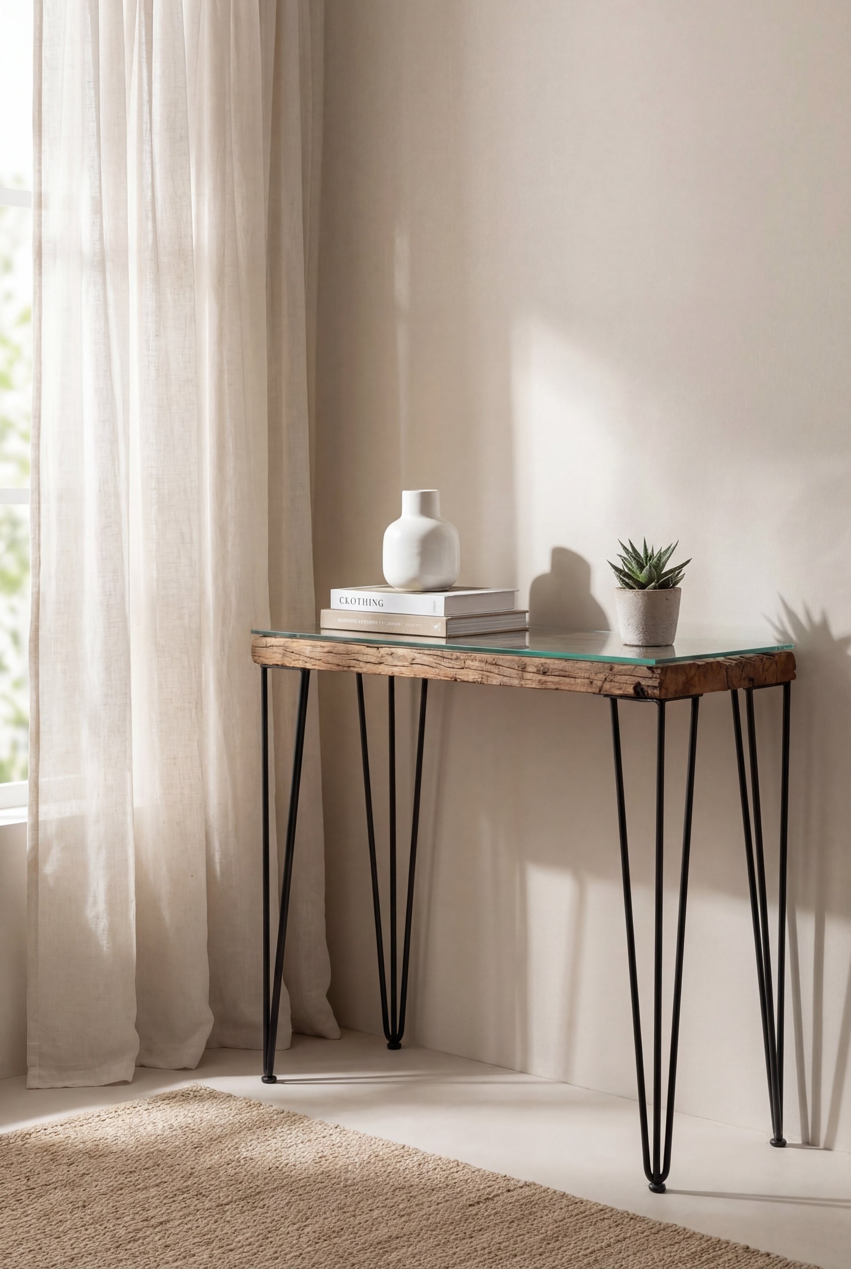 Renato Railway Wood Glass Top Console Table With Pin Shape Legs