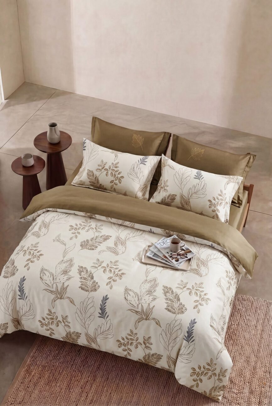 Arvella Leaf Printed King Bed Sheet, Duvet Cover & Pillowcase Set