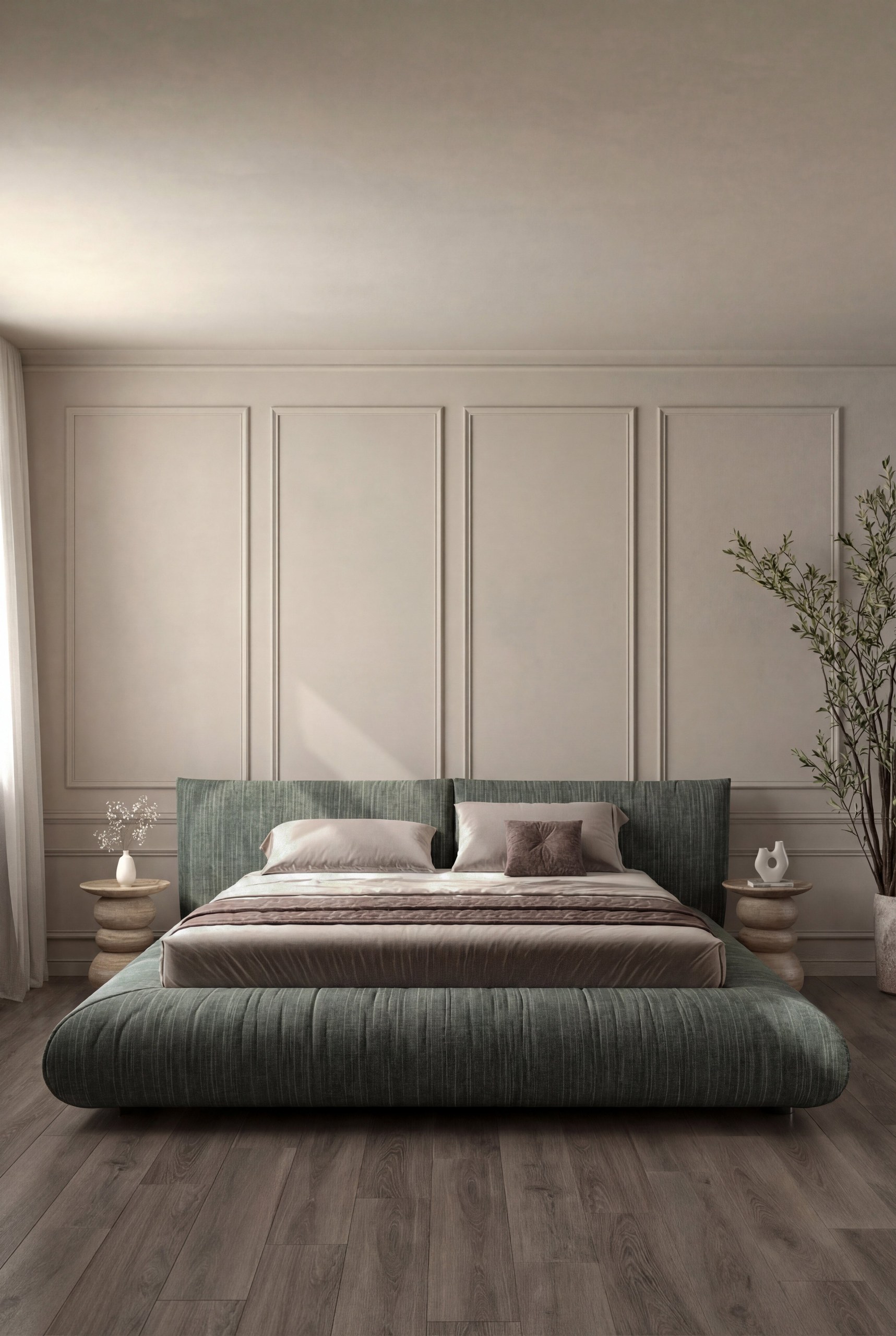 Selini Moss Green Upholstered Platform Bed