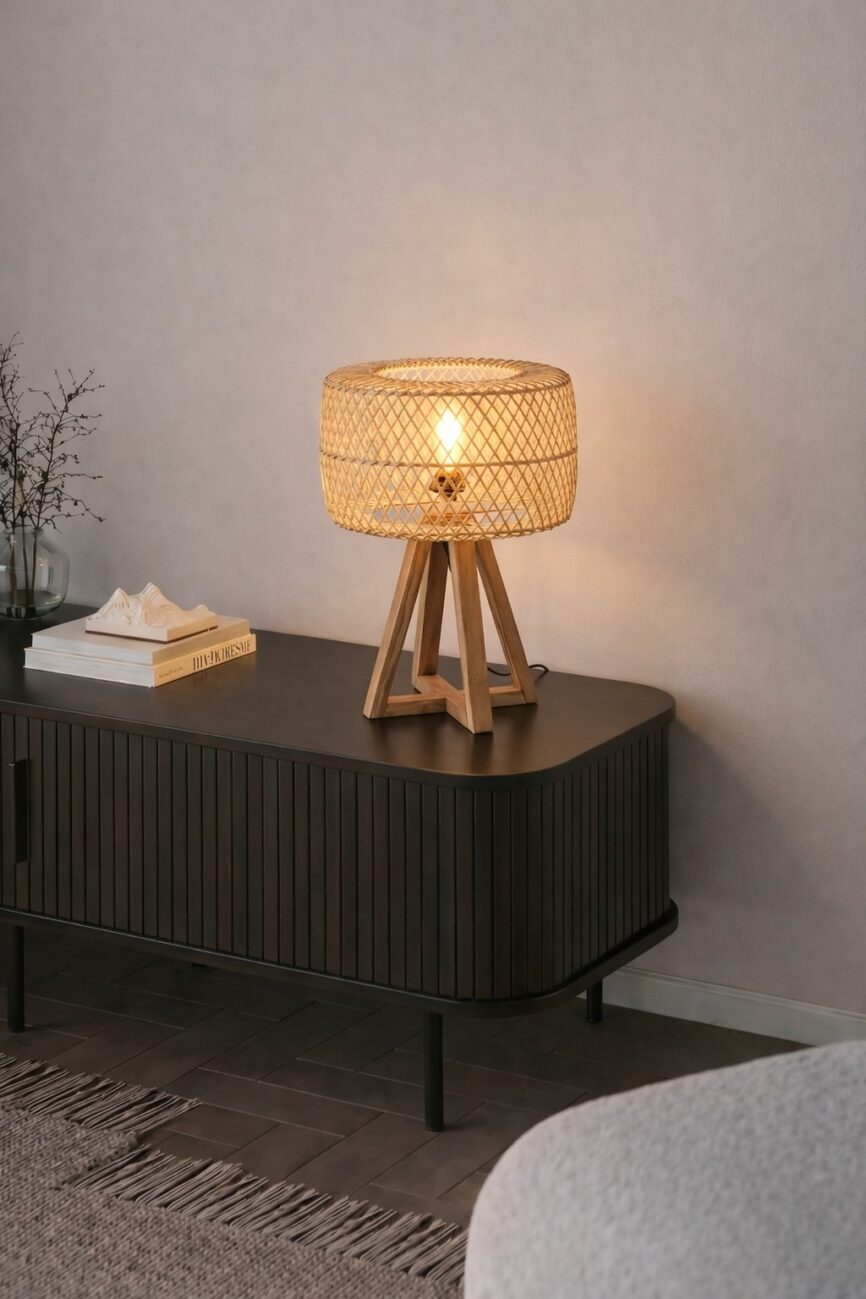 Zaven Natural Wood Table Lamp With Rattan Lid