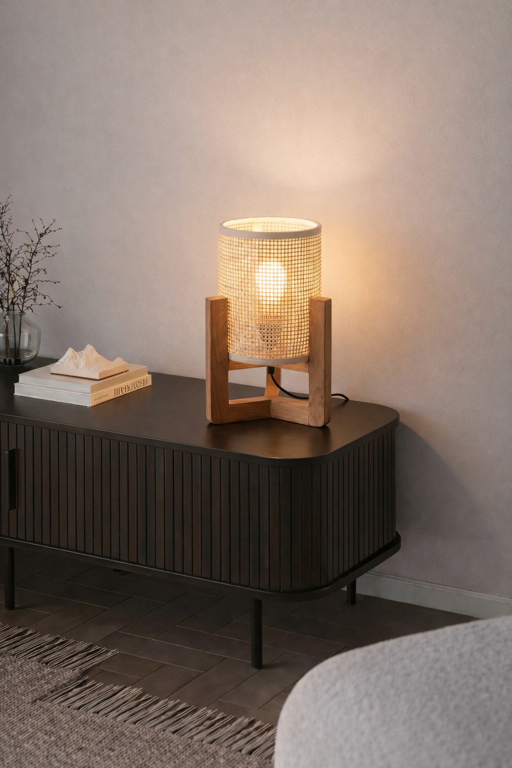 Denzo White Rattan Grid Pattern Table Lamp