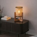 Denzo Black Teak and Rattan Grid Pattern Table Lamp