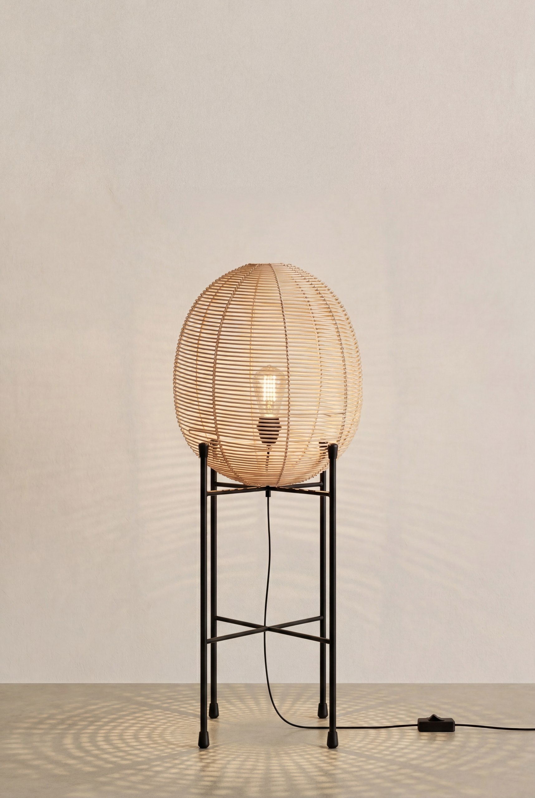 Veska Small Rattan Natural Wood Floor Lamp With Black Iron Legs