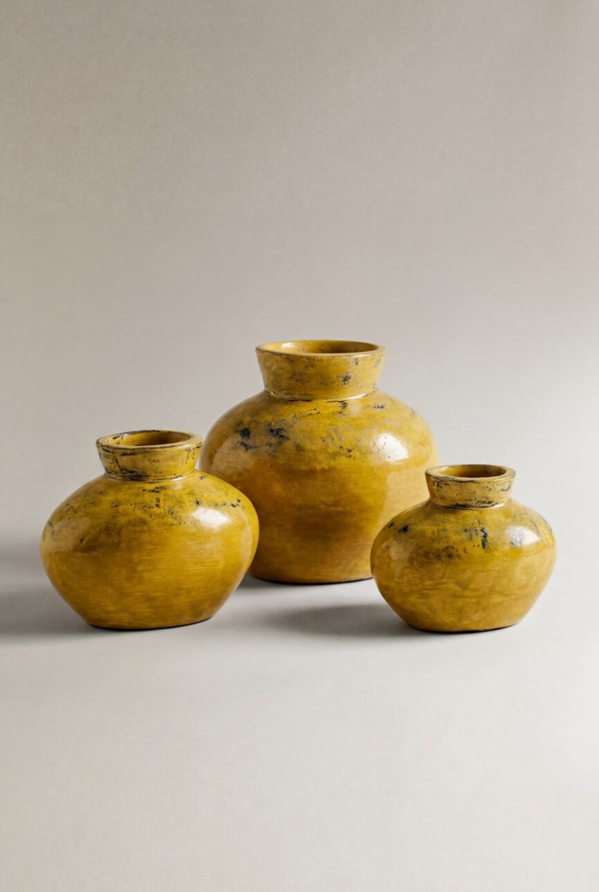 Yellow Ceramic Vase Set Textured Decorative Vases