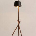 Kelza Wooden Tripod Floor Lamp with Black Shade Leather Sling