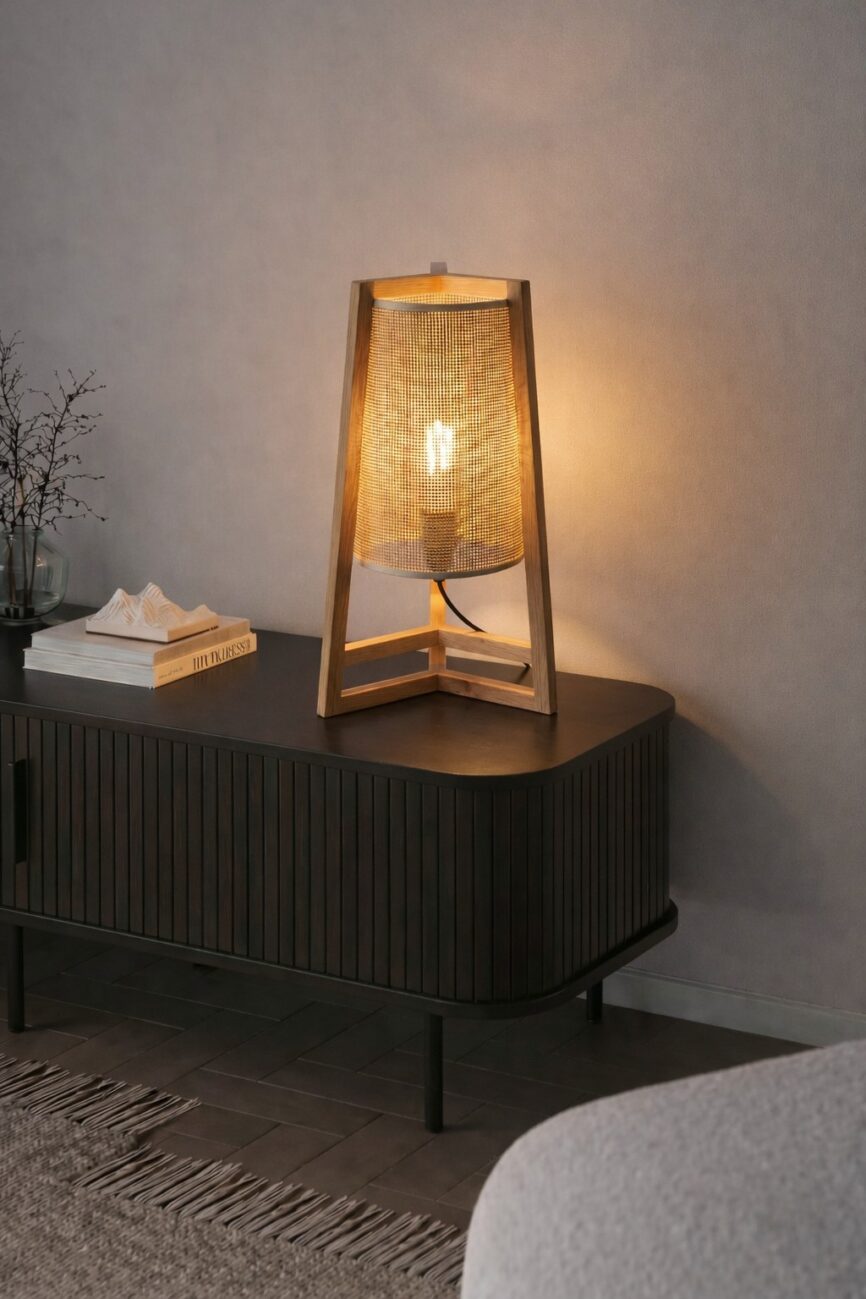 Zelto Rattan Table Lamp With Fabric Cylinder Shade