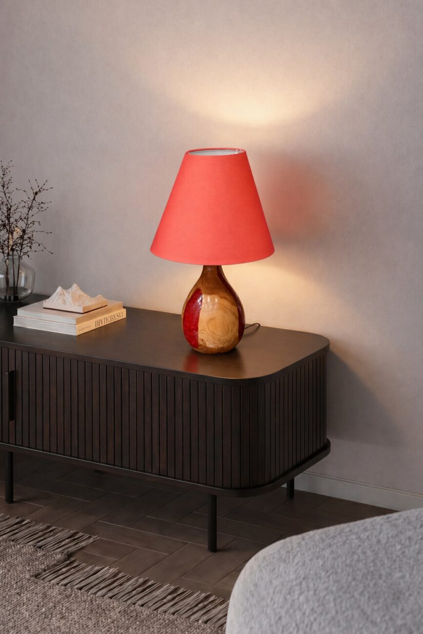 Artisan Red Painted Wooden Table Lamp Pink Shade