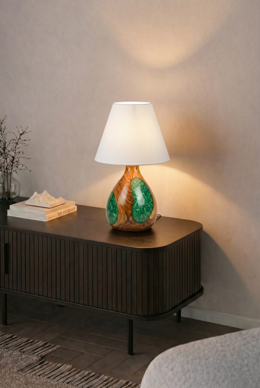 Artisan Green Painted Wooden Table Lamp White Shade