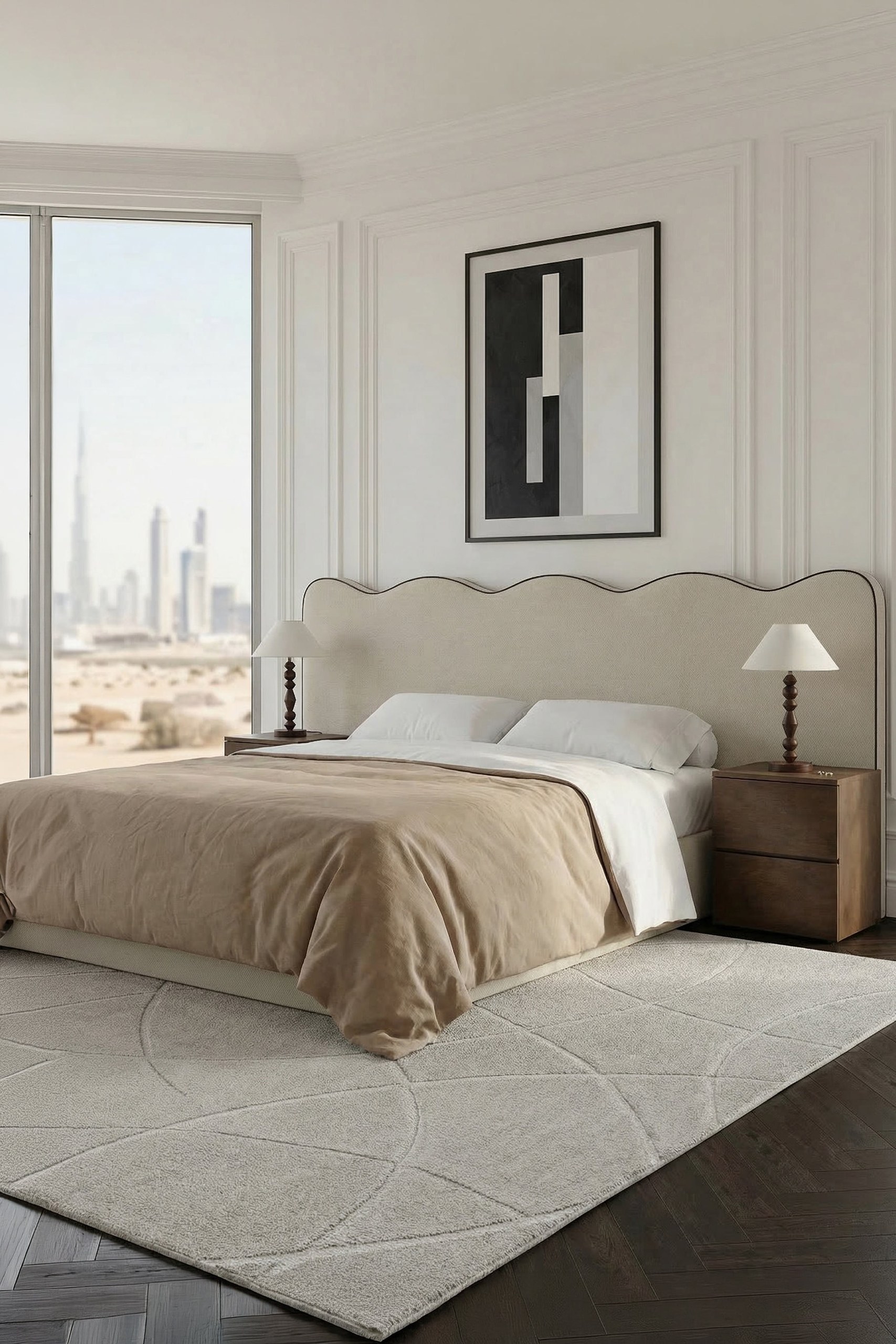 Zelina Beige Curved Headboard Upholstered Bed