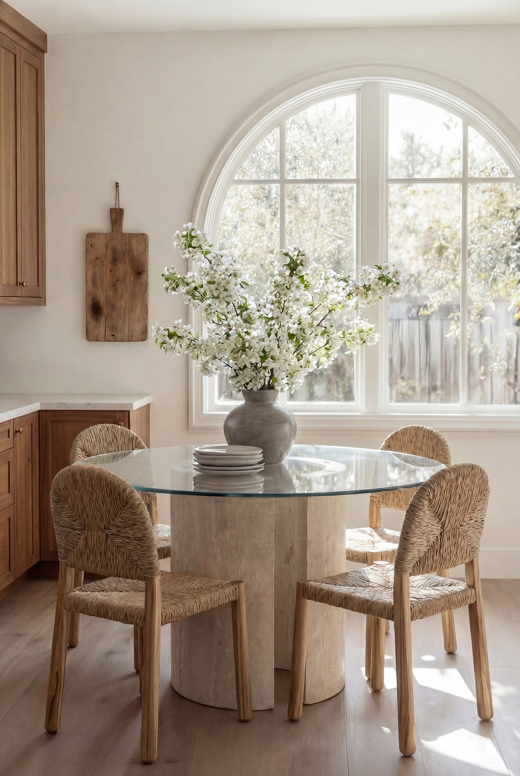 Aerin Glass Top Travertine Dining Table