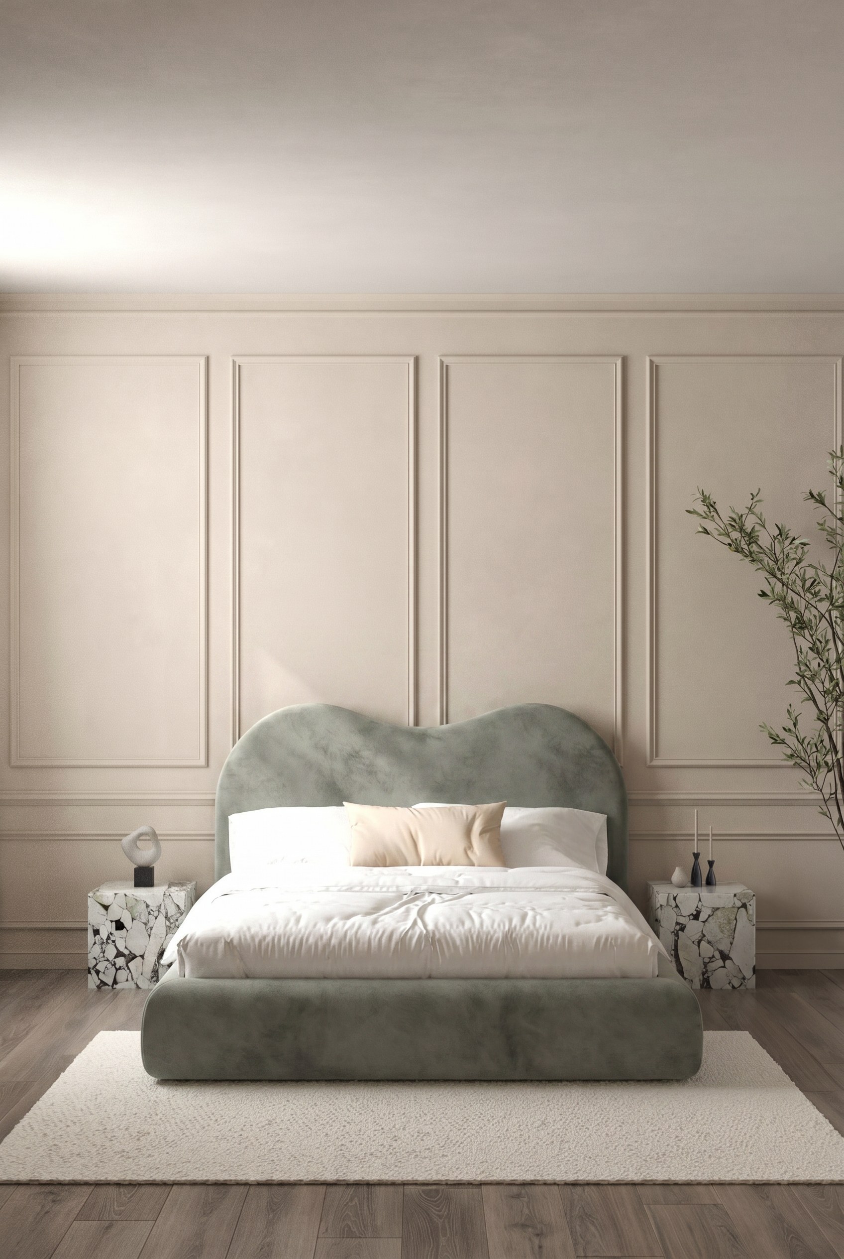 Annelise Greyish Green Boucle Upholstered Platform Bed with Irregular Headboard