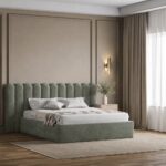 Anthea Greyish Green Upholstered Platform Bed With Sculpted Headboard