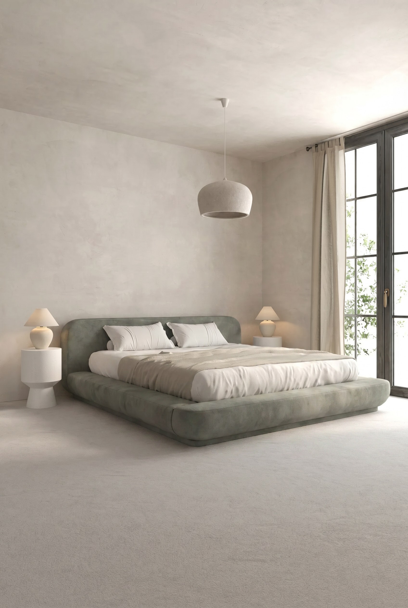 Edwina Greyish Green Upholstered Platform Bed
