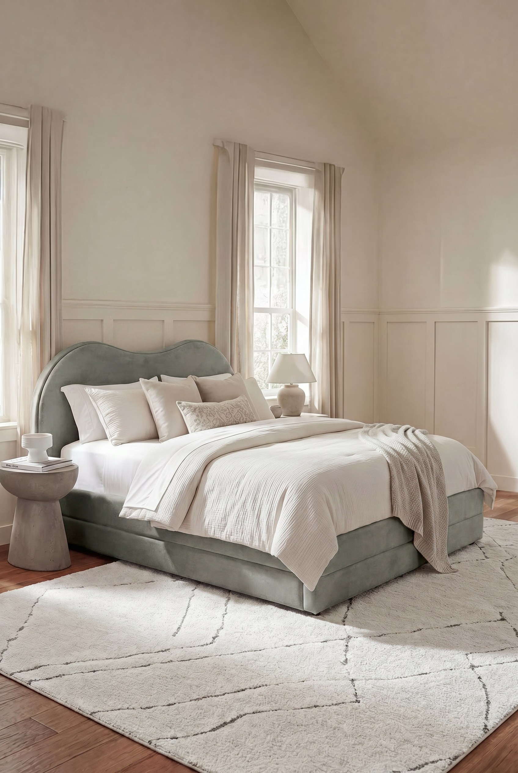 Ombra Greyish Green Upholstered Bed With Curved Headboard