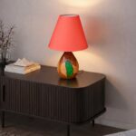 Artisan Green Painted Wooden Table Lamp Pink Shade