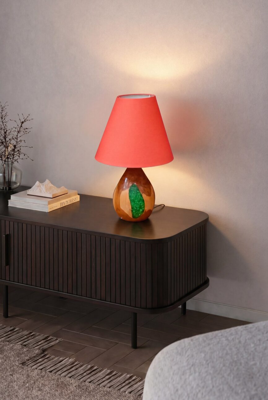 Artisan Green Painted Wooden Table Lamp Pink Shade