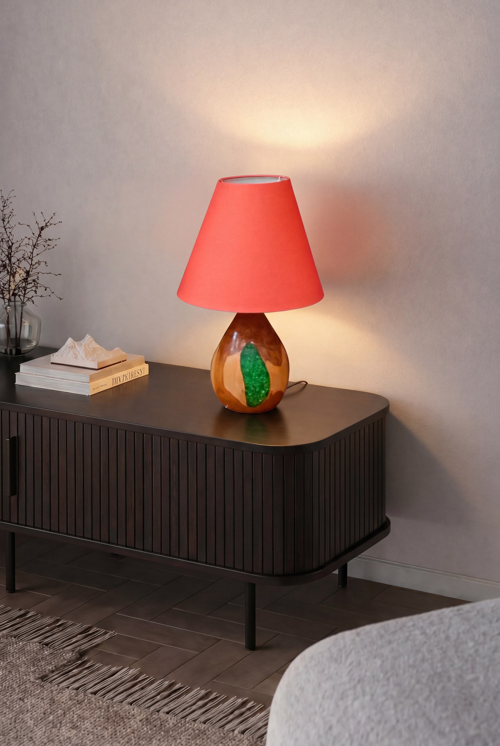 Artisan Green Painted Wooden Table Lamp Pink Shade