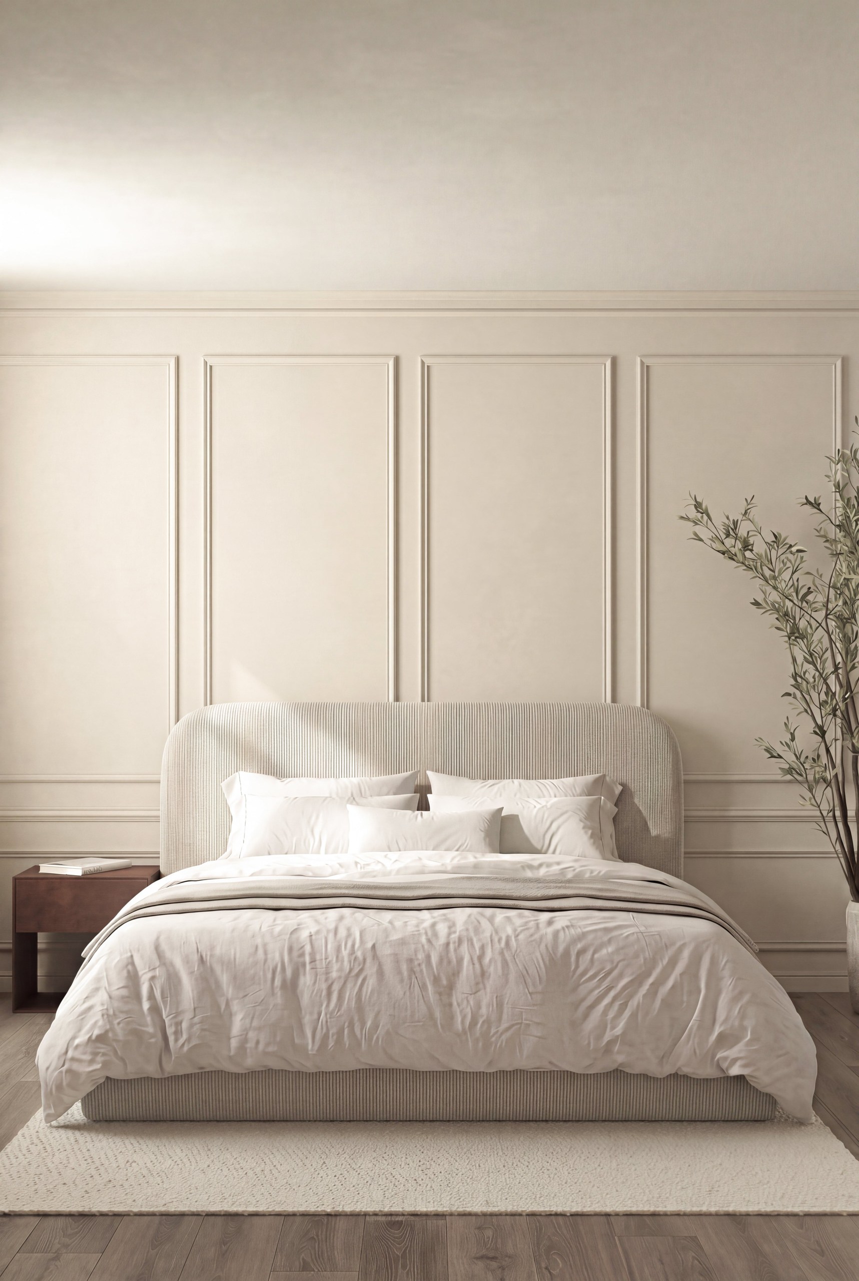 Asli Warm Ivory Fabric Bed with Rounded Corners Headboard