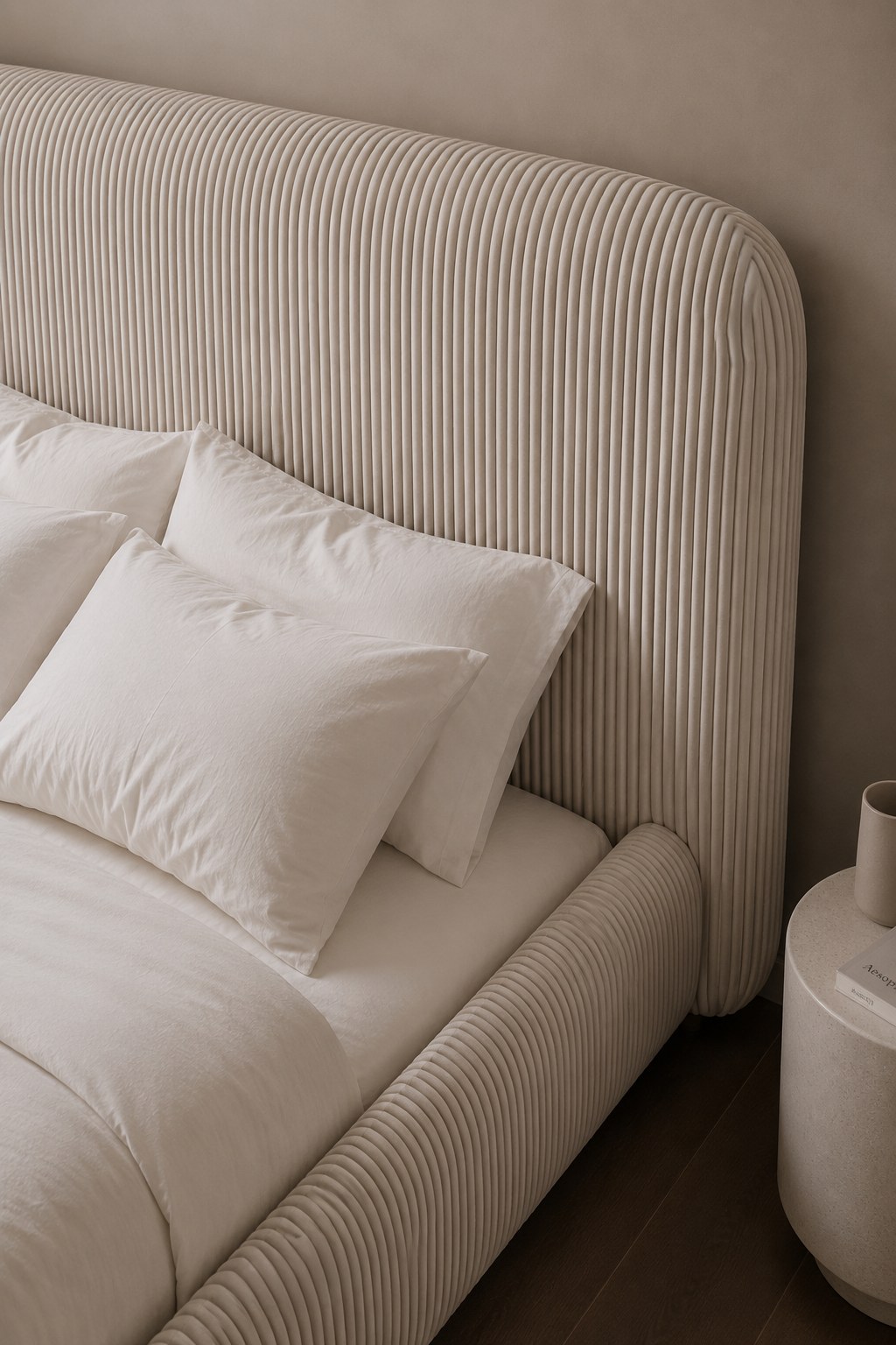 Asli Warm Ivory Fabric Bed with Rounded Corners Headboard - Image 2