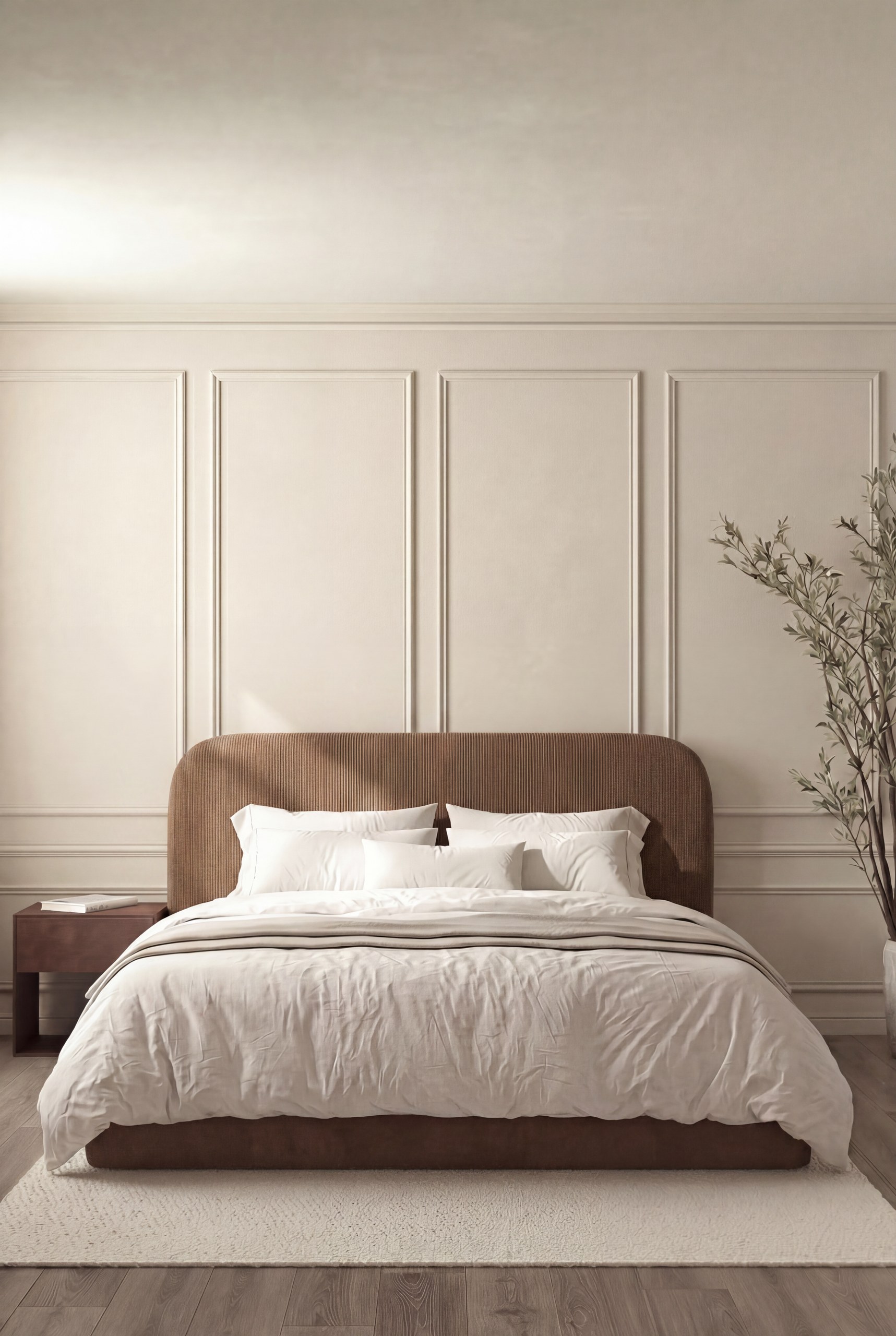 Asli Deep Hazelnut Fabric Bed with Rounded Corners Headboard