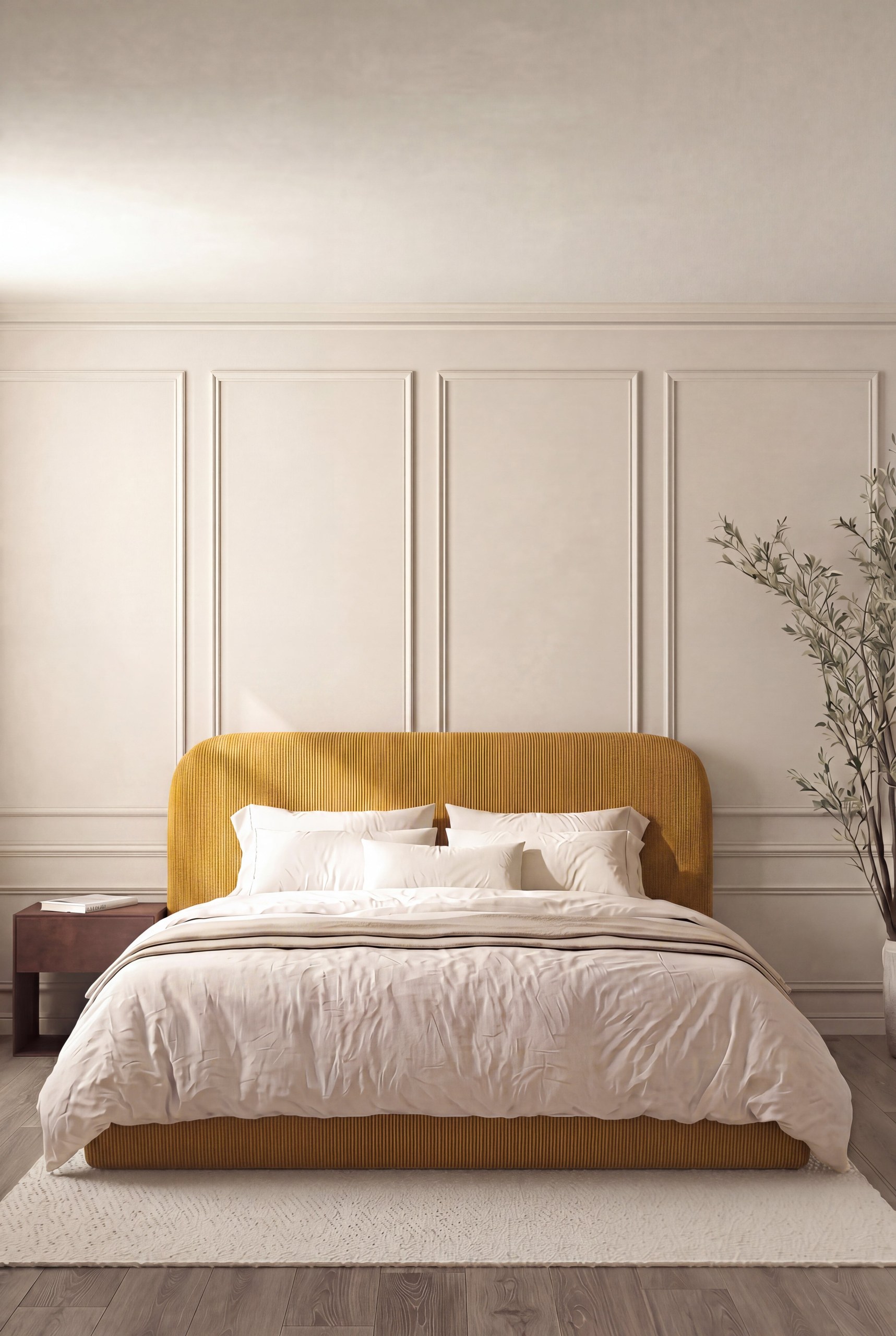 Asli Burnt Mustard Fabric Bed with Rounded Corners Headboard