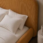Asli Burnt Mustard Fabric Bed with Rounded Corners Headboard