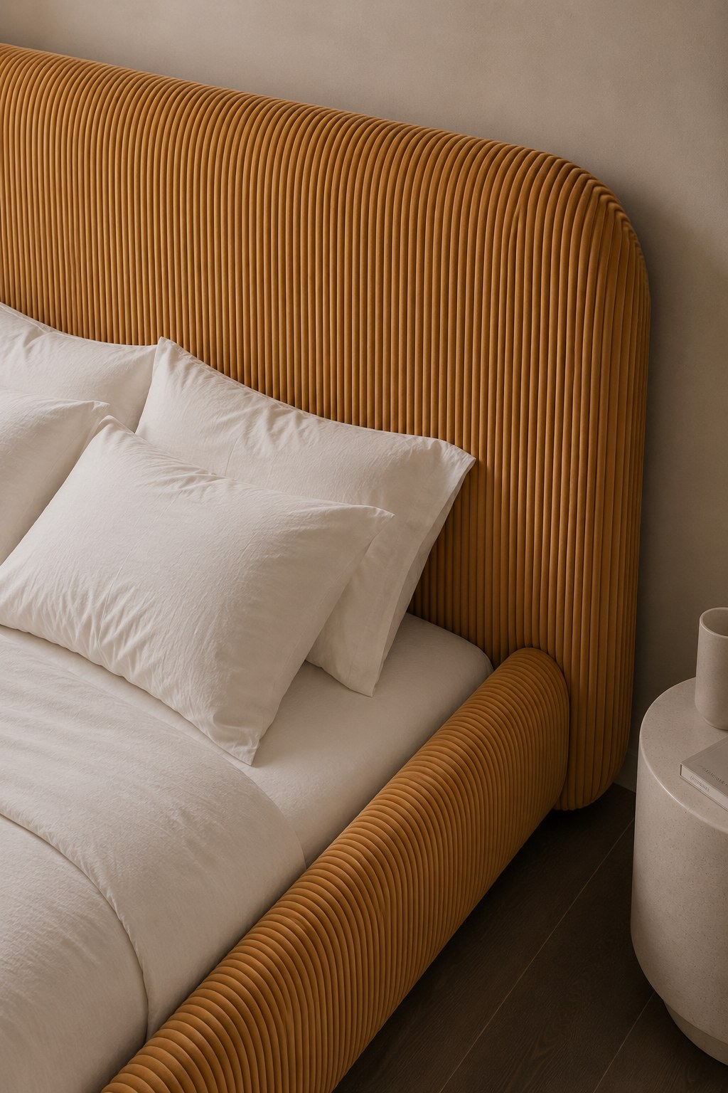 Asli Burnt Mustard Fabric Bed with Rounded Corners Headboard - Image 2