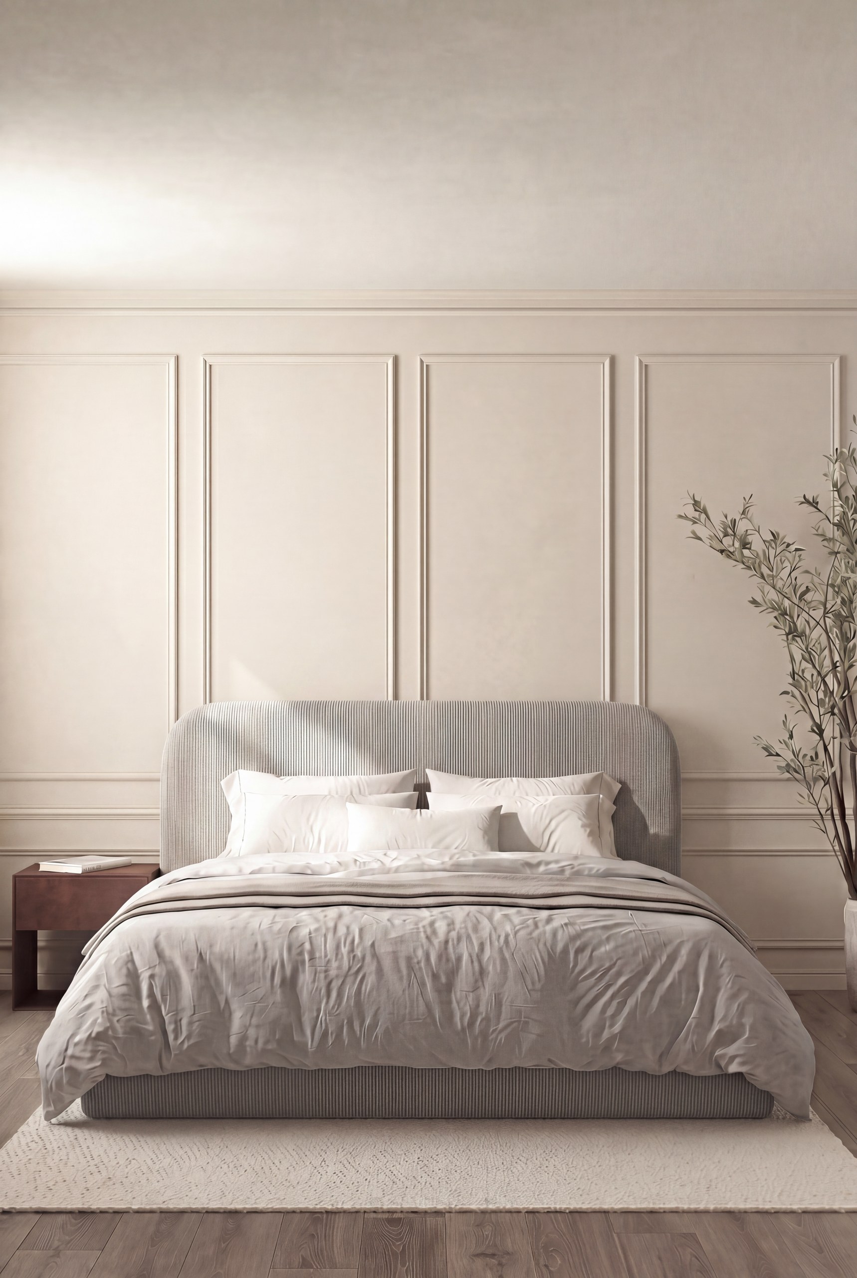 Asli Cloud Grey Fabric Bed with Rounded Corners Headboard
