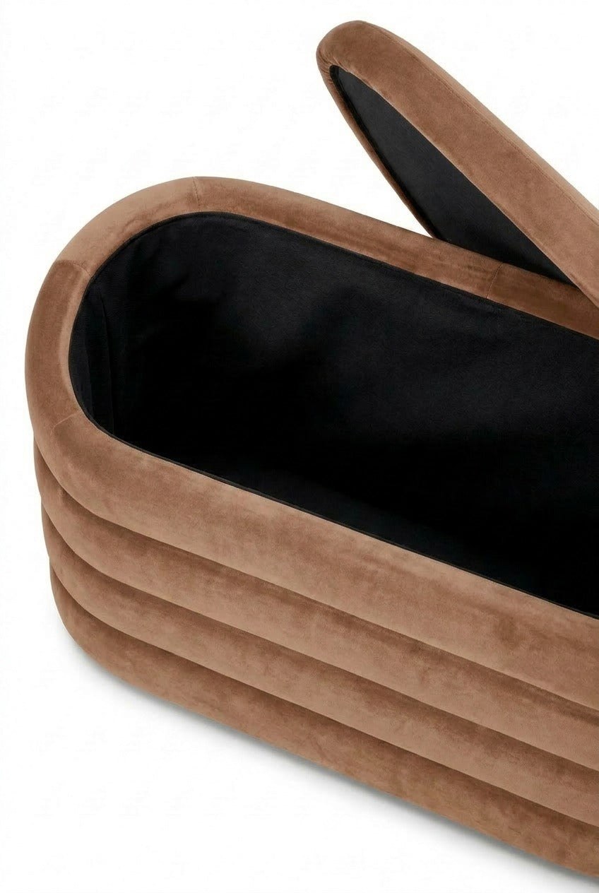 Sevil Camel Brown Velvet Layered Storage Bench - Image 2