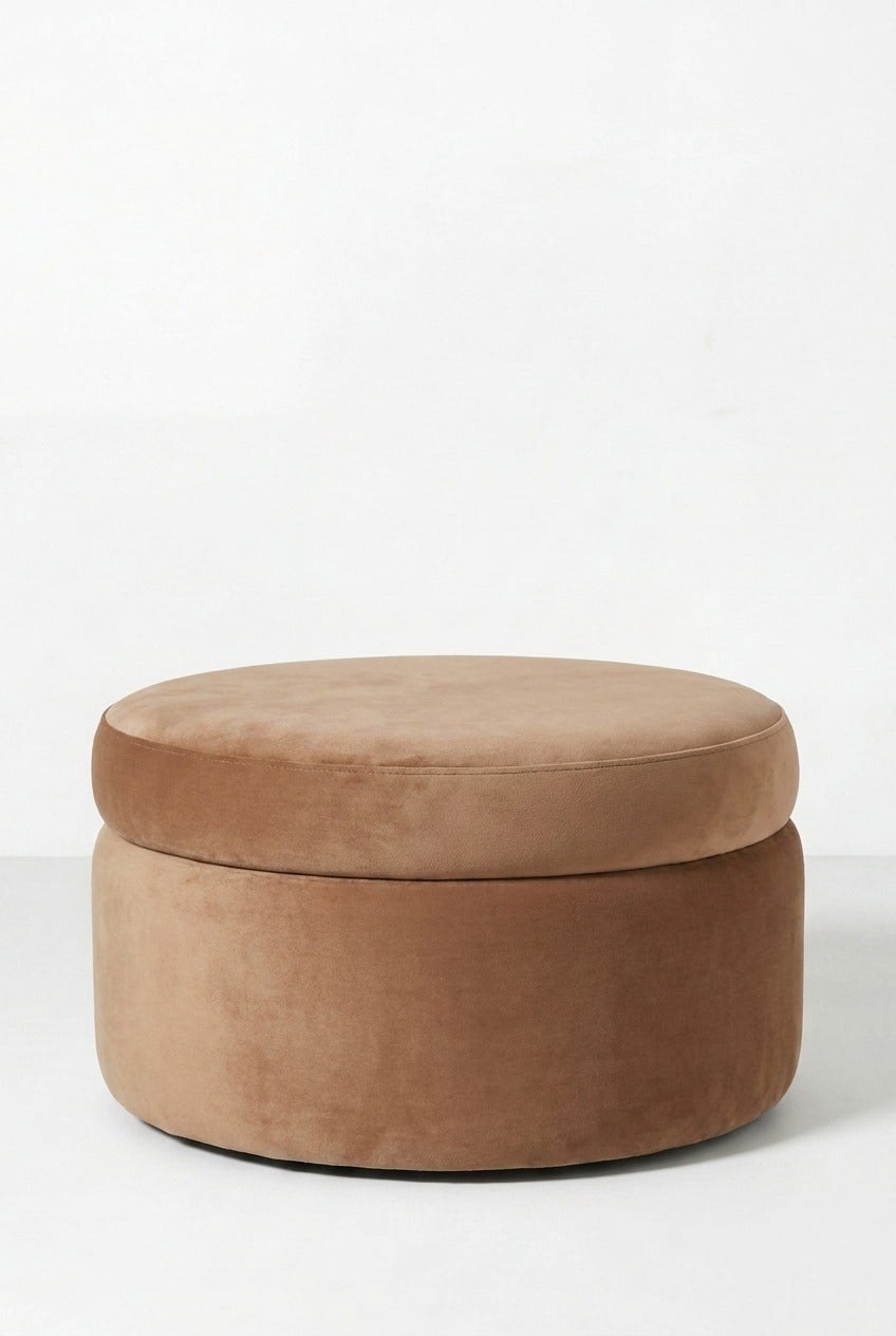 Elira Camel Brown Velvet Round Storage Pouf (60CMx33CM)