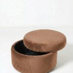 Elira Camel Brown Velvet Round Storage Pouf (60CMx33CM)