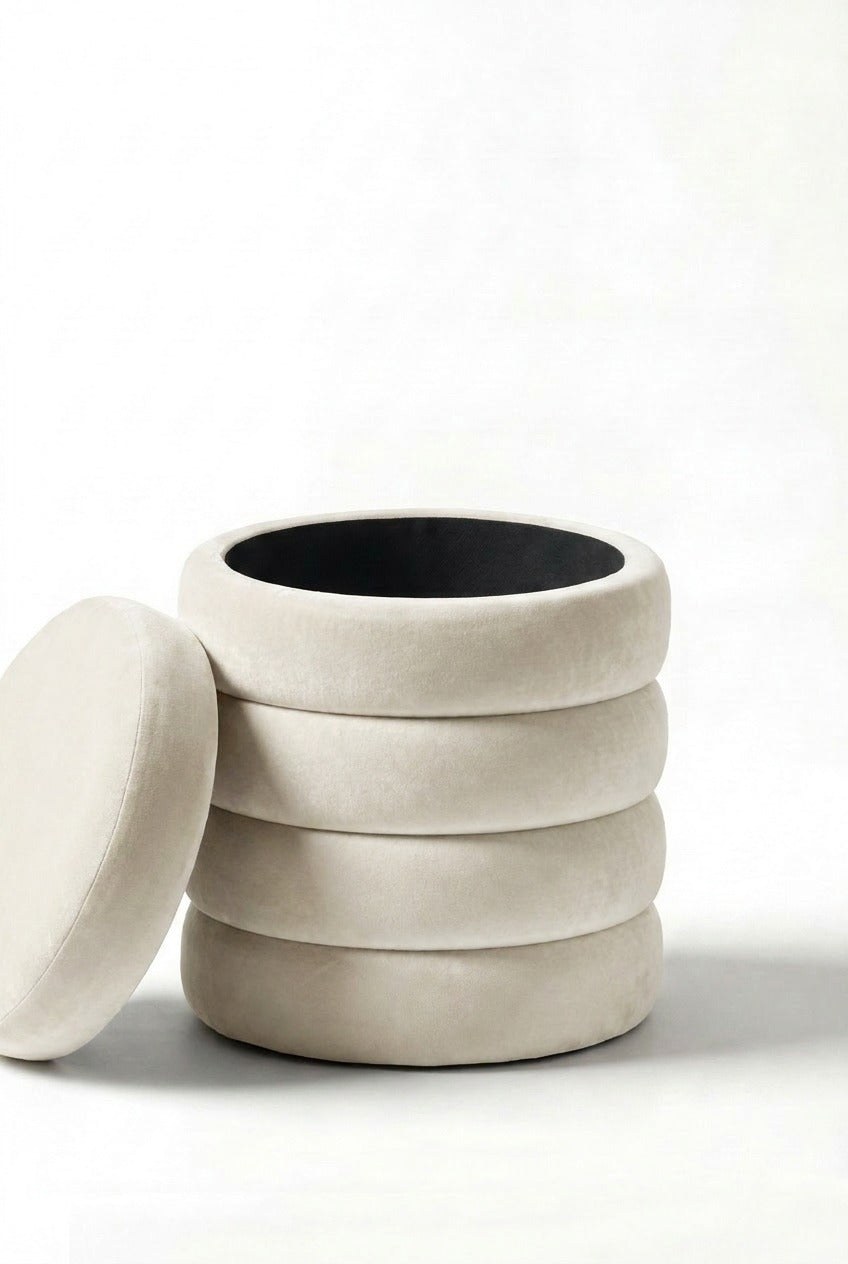 Sevil Off White Velvet Layers Storage Pouf - Image 2