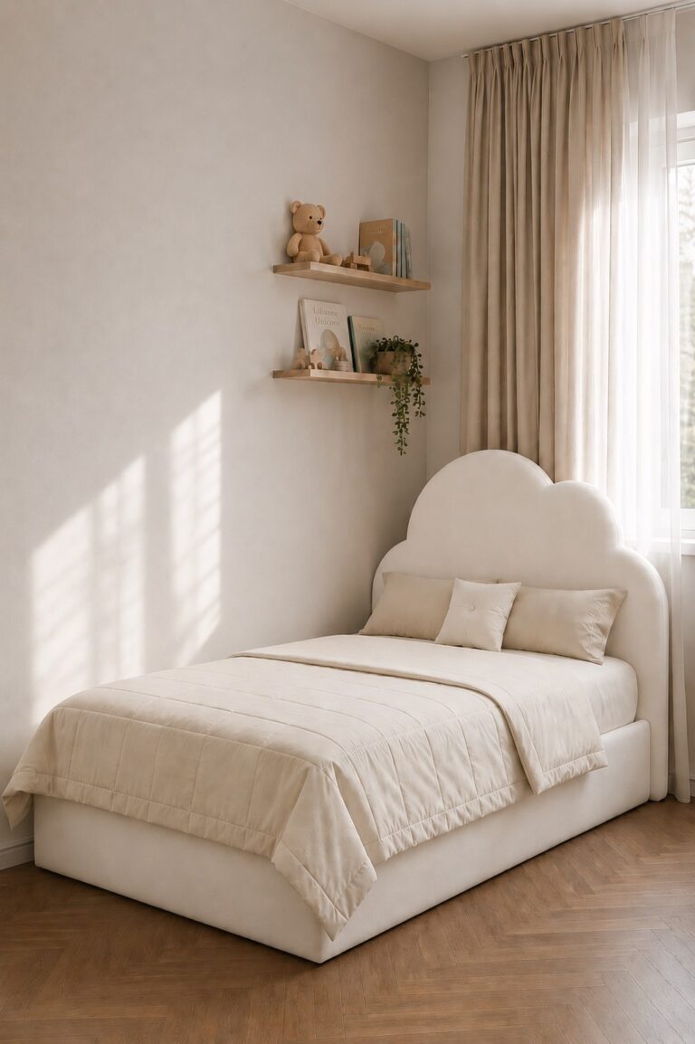 Nube Kids Off White Velvet Upholstered Bed