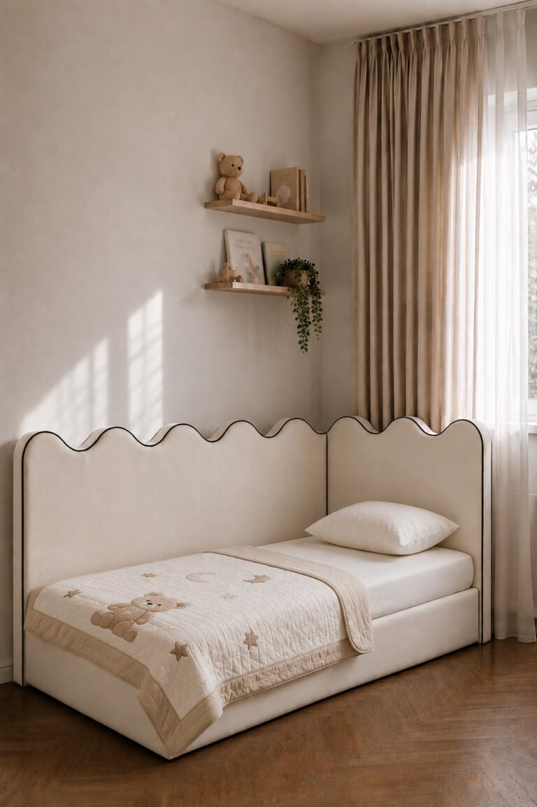 Bera Kids Off White Velvet Upholstered Bed