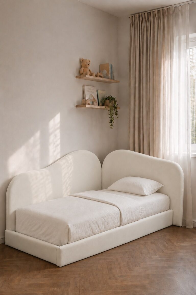 Velan Kids Off White Velvet Upholstered Bed