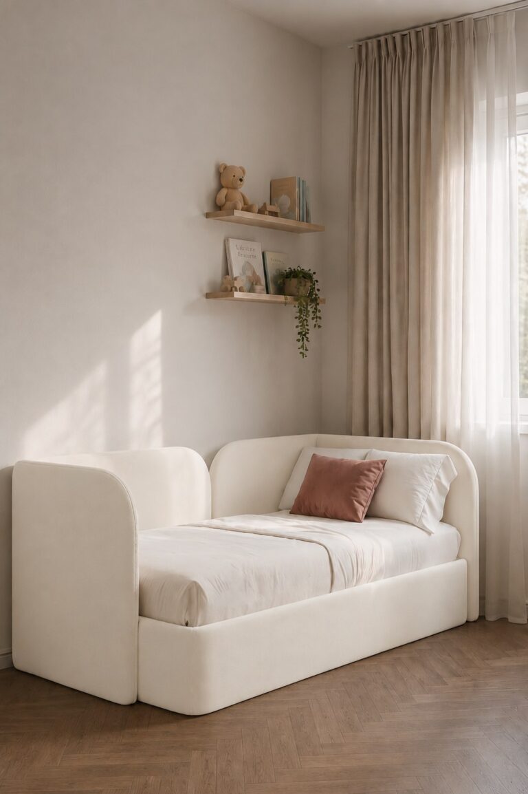 Ornis Kids Off White Velvet Upholstered Bed