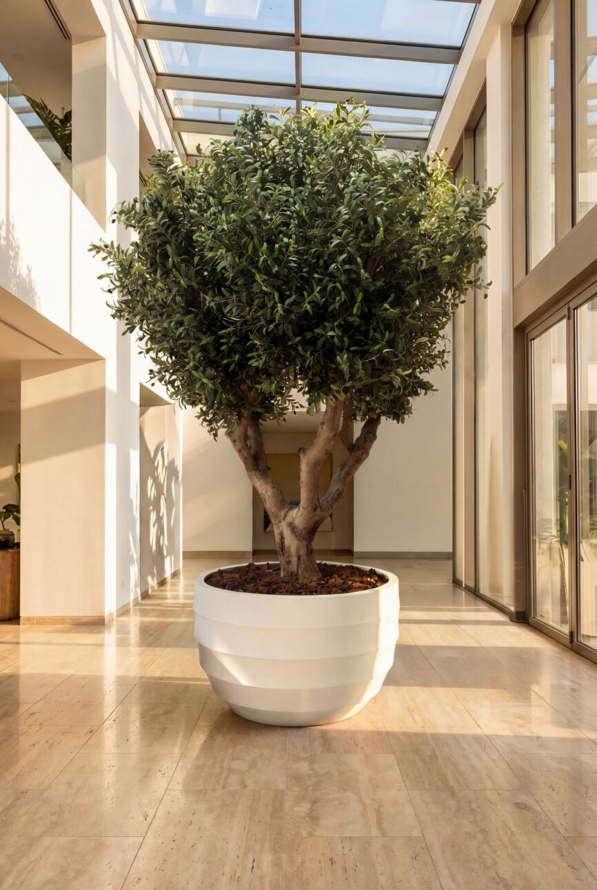 Artificial Olive Tree with Natural Trunk & White Ribbed Pot