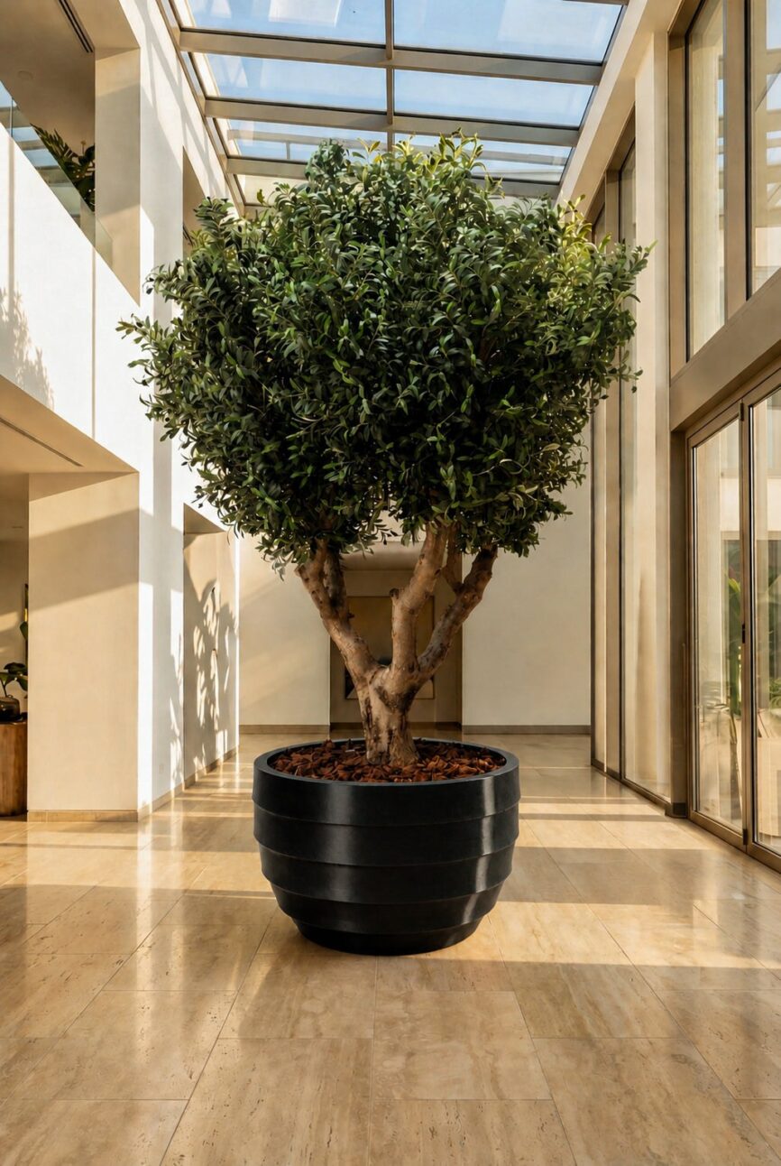 Artificial Olive Tree with Natural Trunk & Black Ribbed Pot