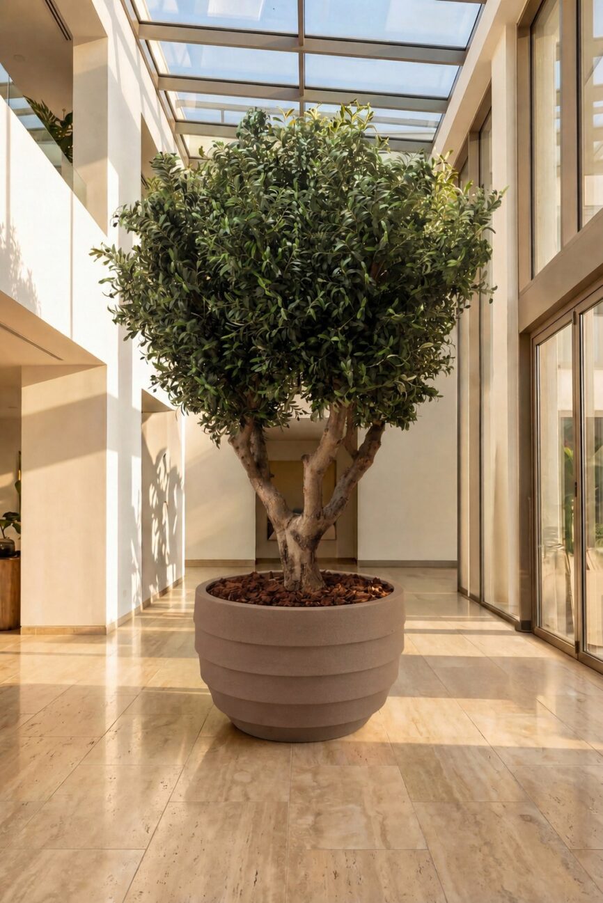 Artificial Olive Tree with Natural Trunk & Brown Ribbed Pot