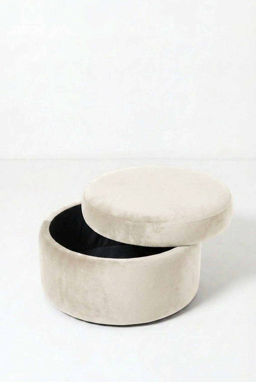 Elira Off White Velvet Round Storage Pouf (60CMx33CM) - Image 2